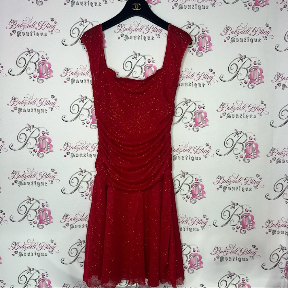 Jessie girl dress sparkly glitter red fairy whimsical cinched draped cute Y2K